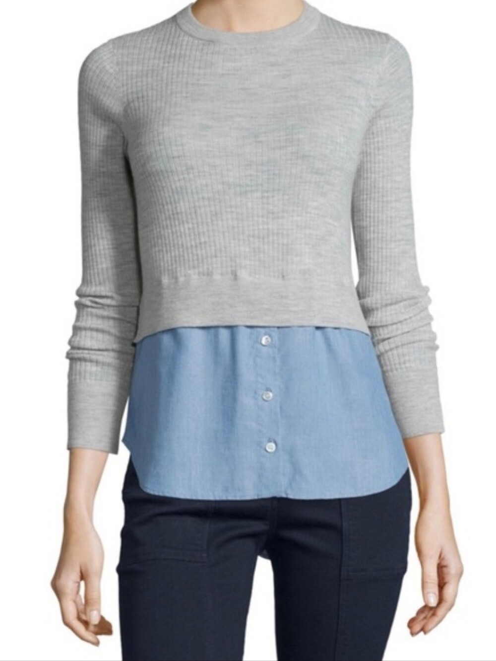 Veronica Beard Taupe Ribbed Pullover with Blue Shirt Hem